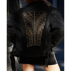 Black Denim Biker Jacket w Rhinestone Embroidery